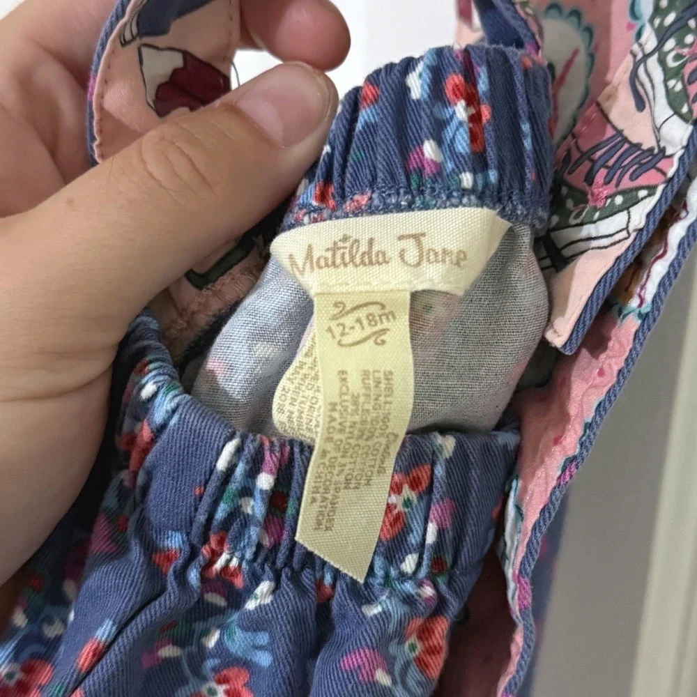 Matilda Jane Girls Blue Polka Dot‎ Floral Pinafore Dress Ruffle Hem 12-18M